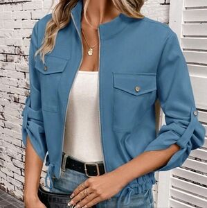 Women Casual Solid Color Roll Tab Sleeve Flap Pocket Drawstring Hem Lightweight